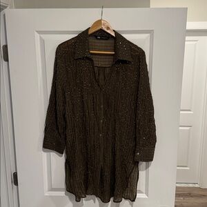 Olive Green Button-Up Shirt with Metallic Accents